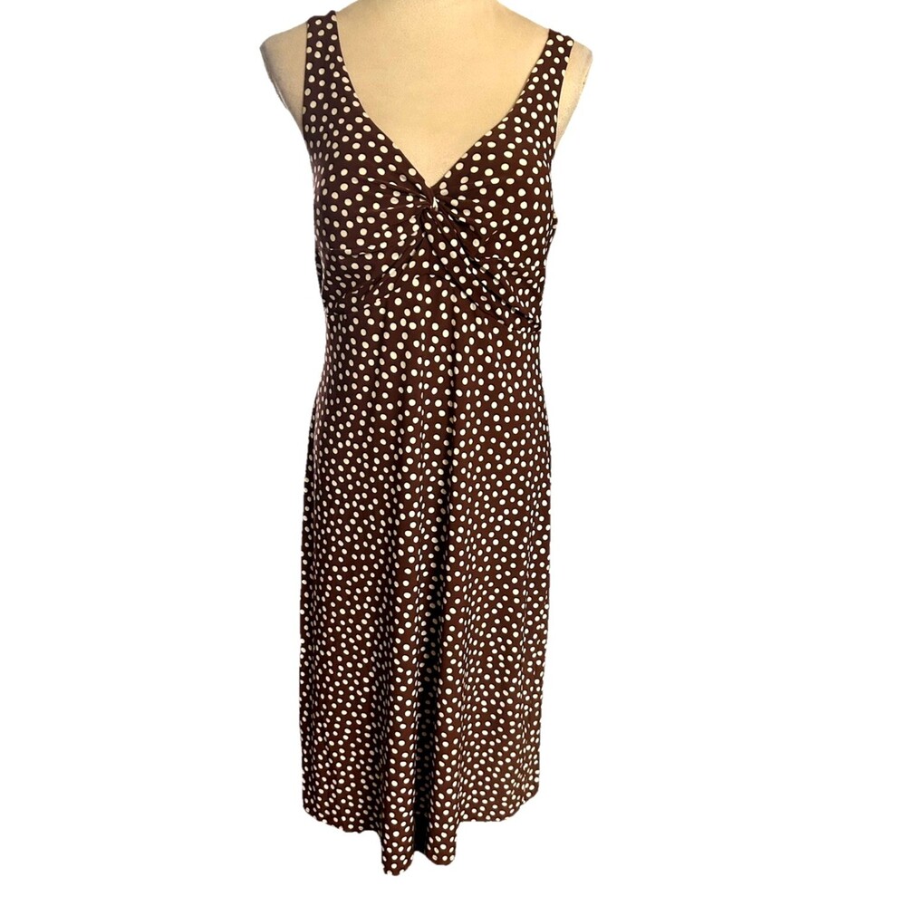 Karin Stevens Polka Dot Brown White V Neck Midi Sleeveless Y2K Dress Sz 8